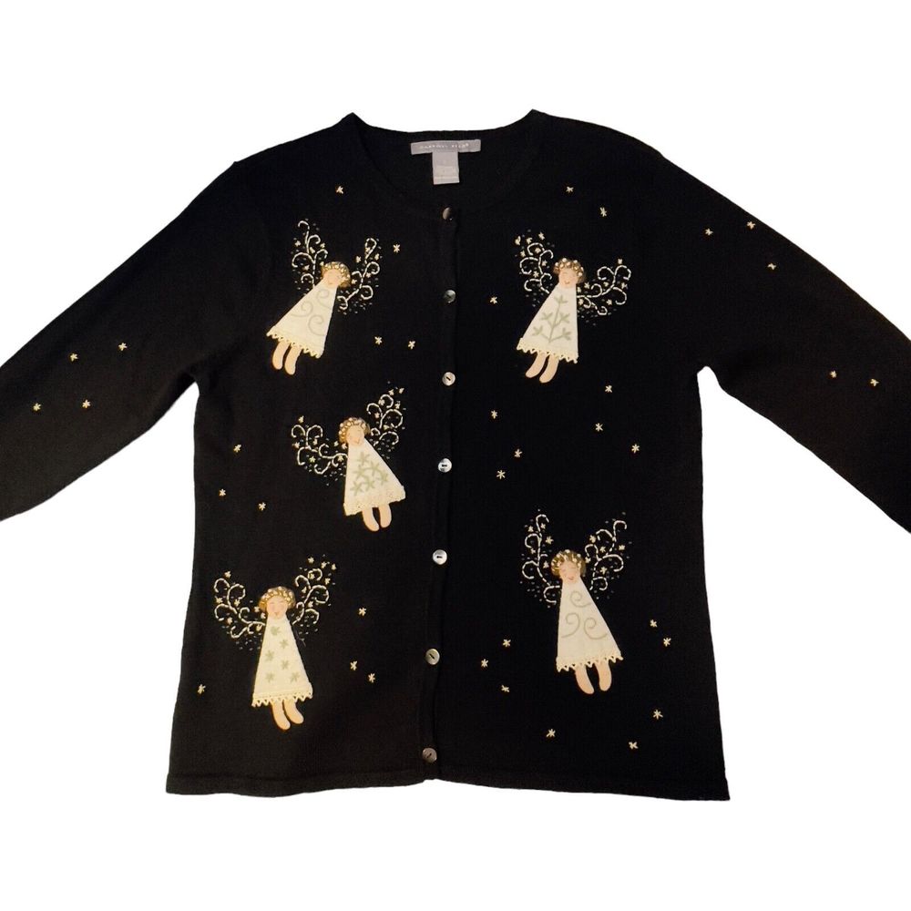 WOMENS ANGELS SWEATER CARROLL REED button down STARS‎ size L RAMIE COTTON LARGE